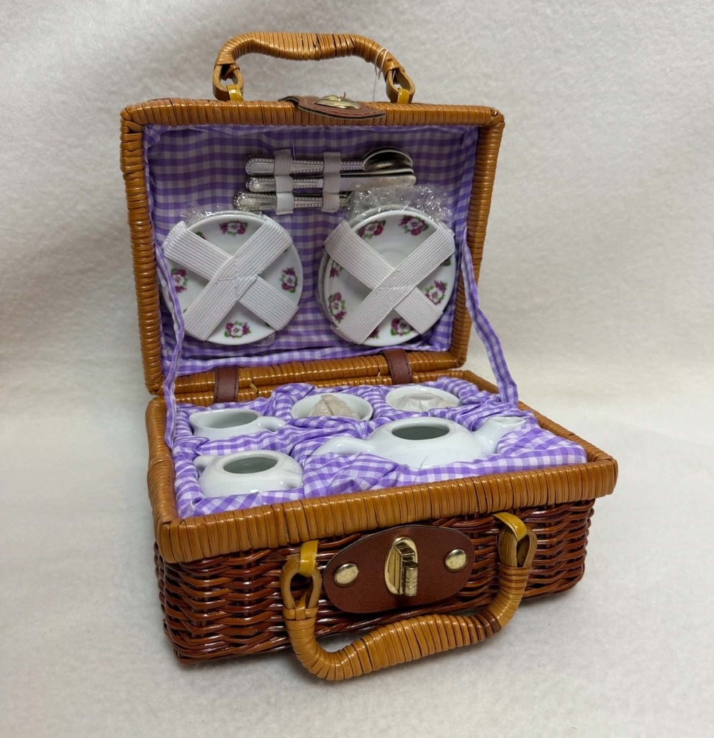Miniature Porcelain Tea Set in Wicker Picnic Basket Pansy Design Purple Gingham